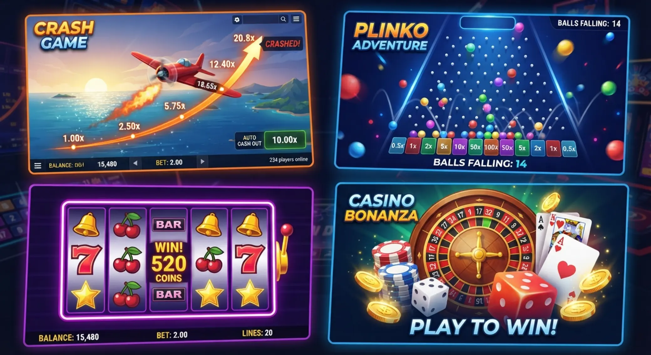 Kollázs repülős, crash és plinko jellegű játékokról