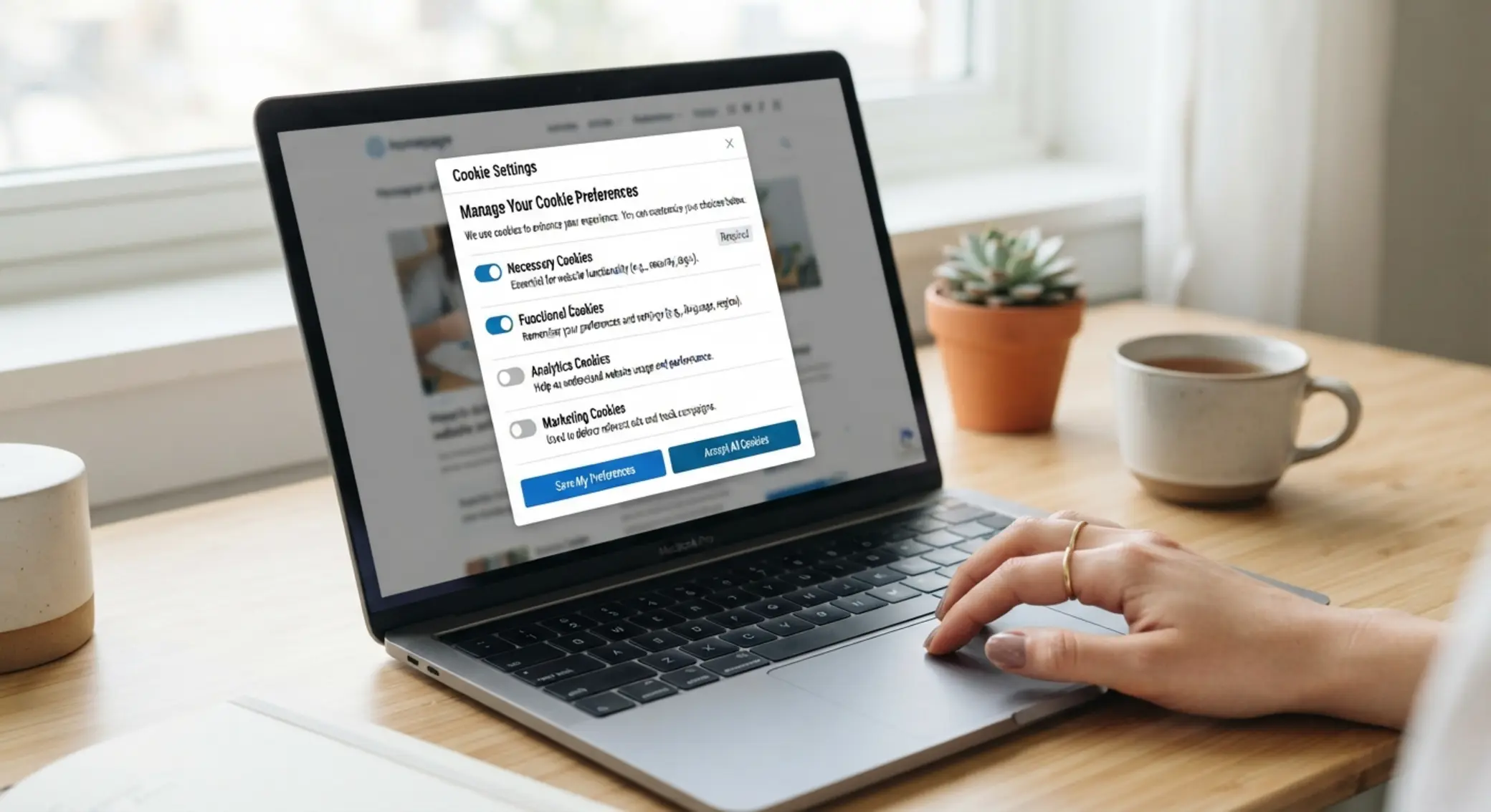 Felhasználó cookie-beállításokat kezel laptopon