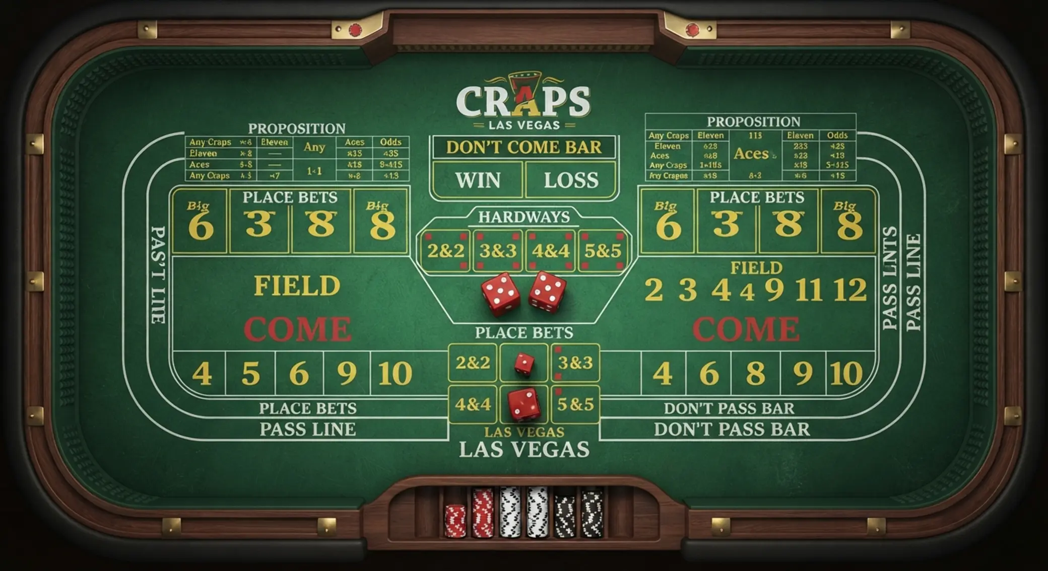 Craps asztal felülnézetből a fő fogadásmezőkkel