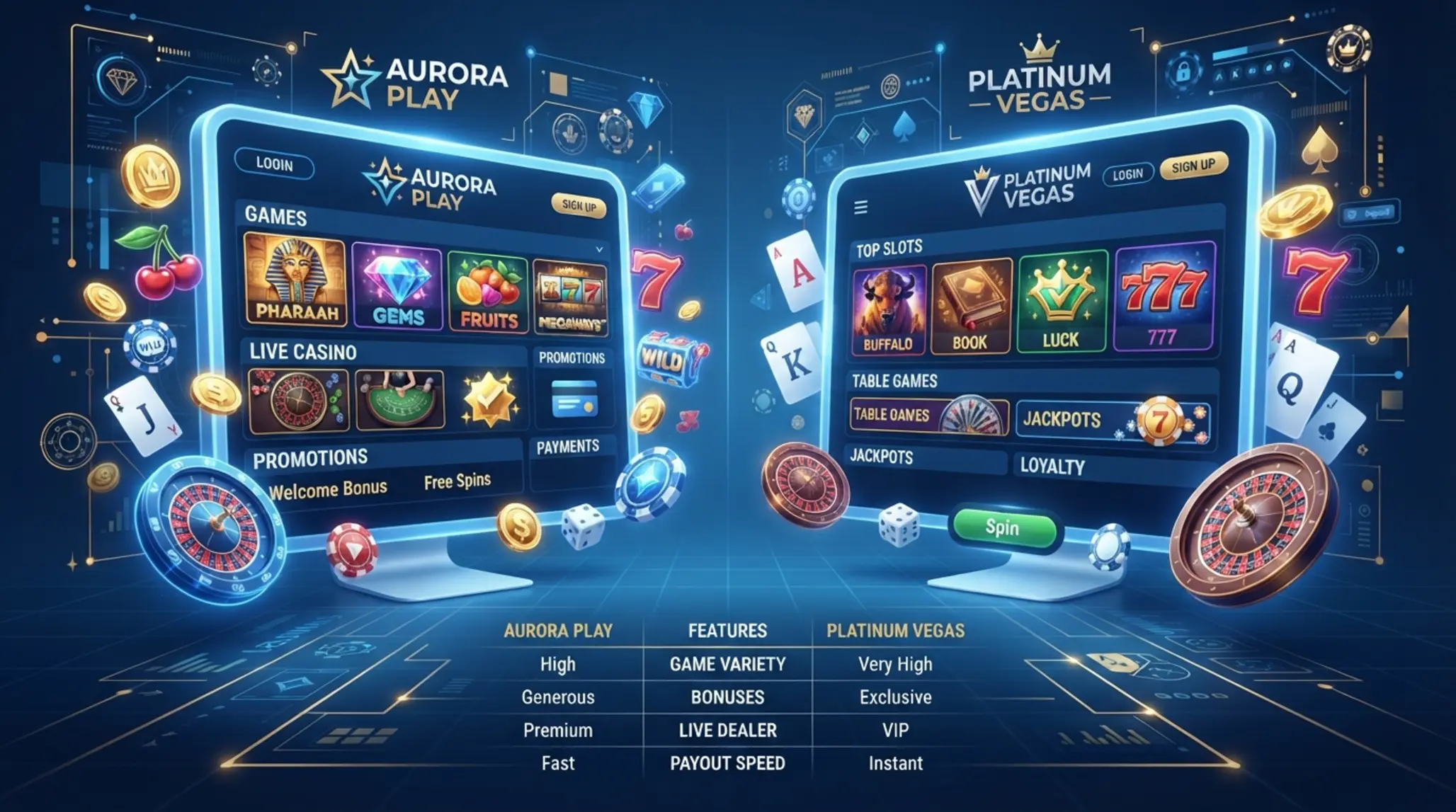 GG Bet és Vavada áttekintő illusztráció Két online kaszinó összehasonlítása ikonokkal