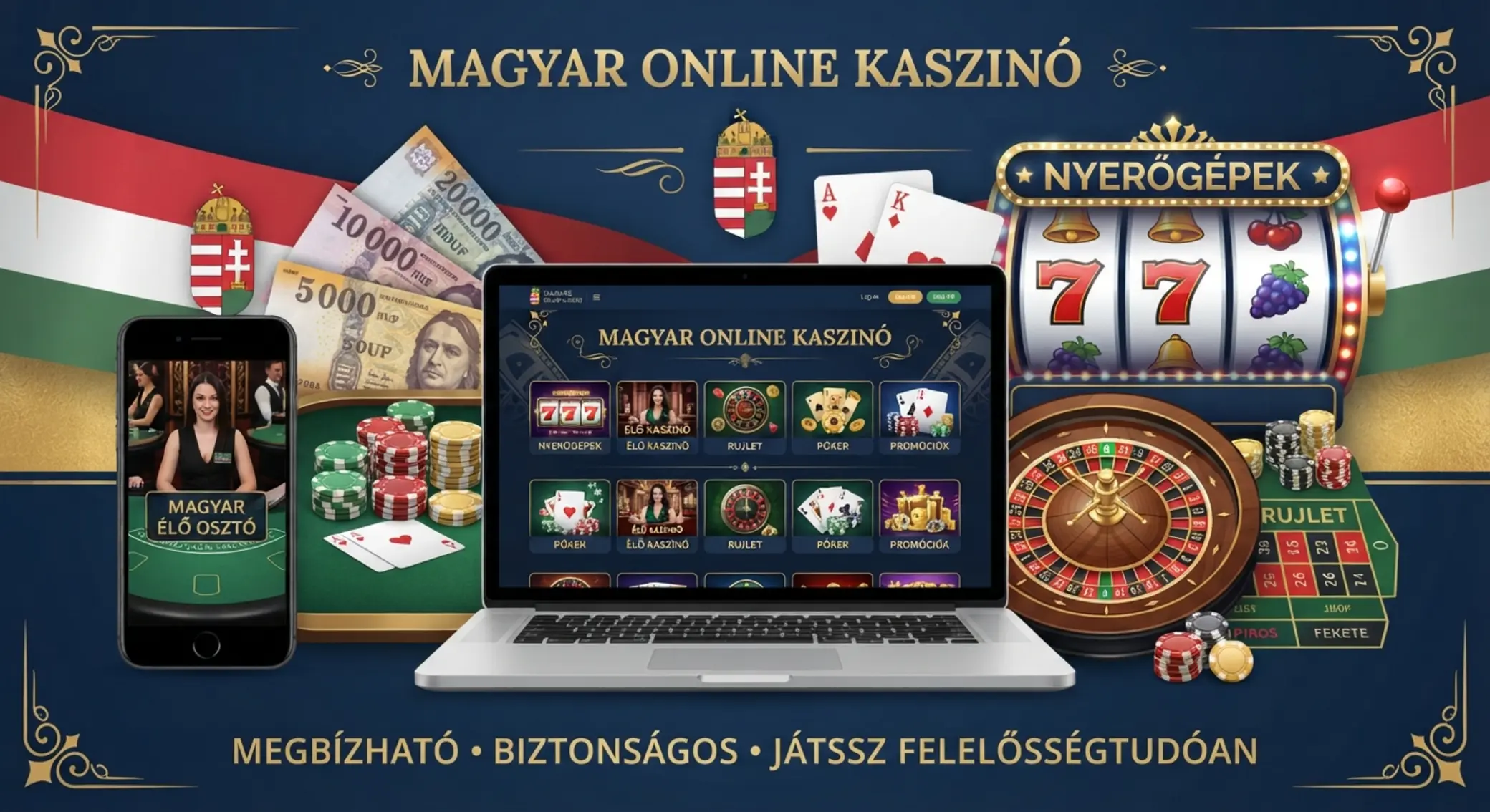 Magyar online kaszinó jelenet HUF bankjegyekkel és kaszinó elemekkel