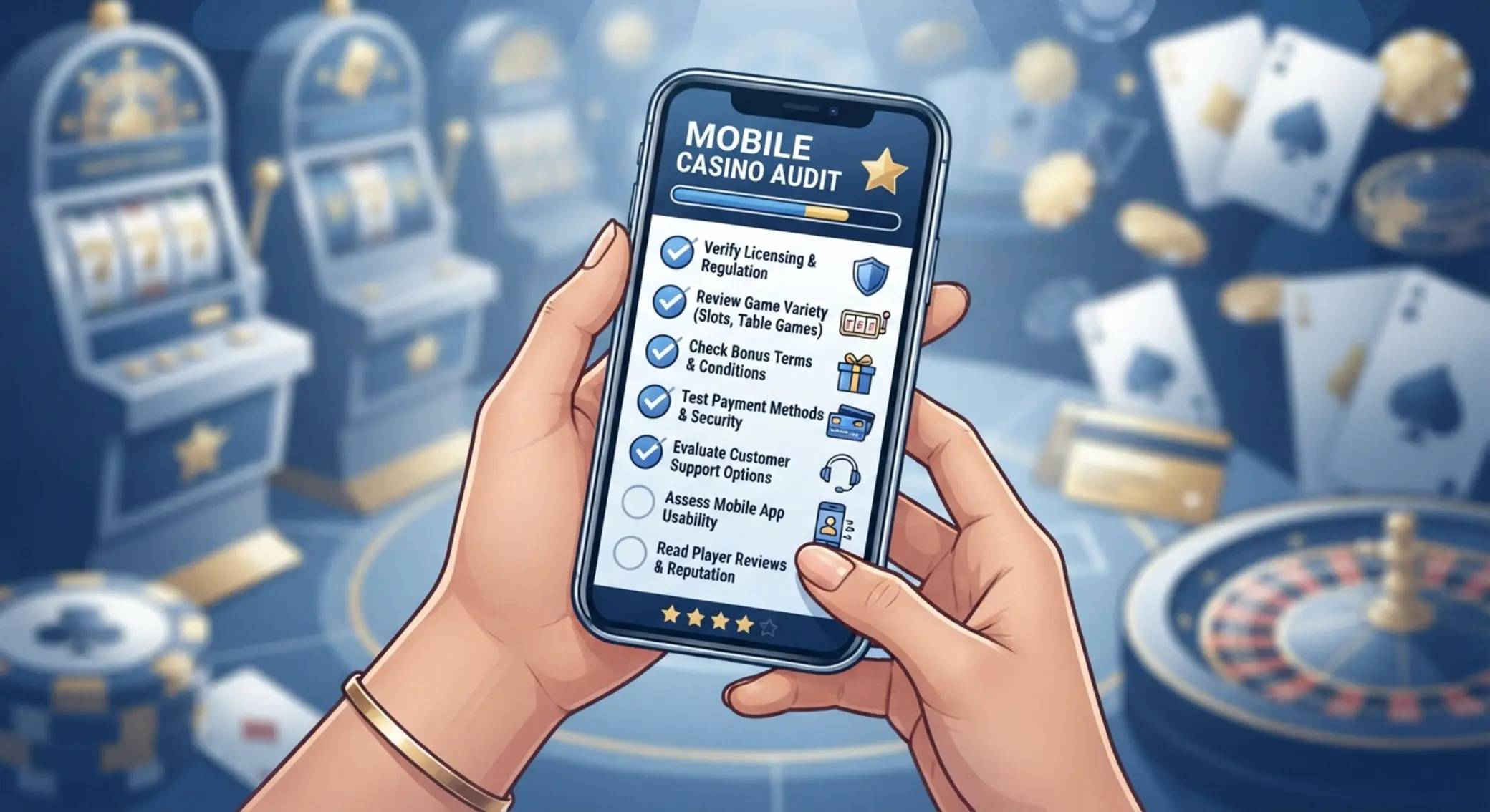 Felhasználó mobil kaszinó checklistát néz a telefonján