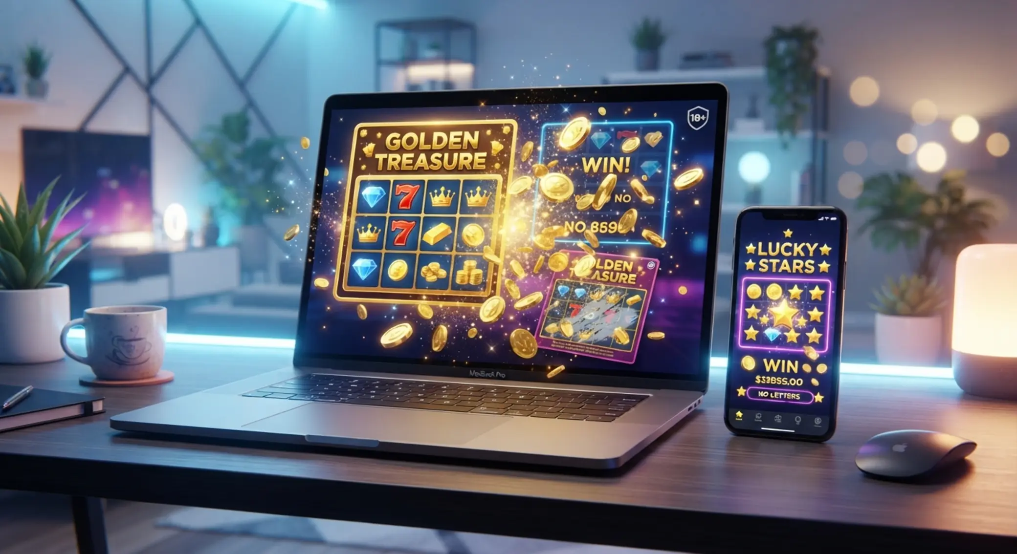 Online kaparós sorsjegy banner laptoppal és mobillal