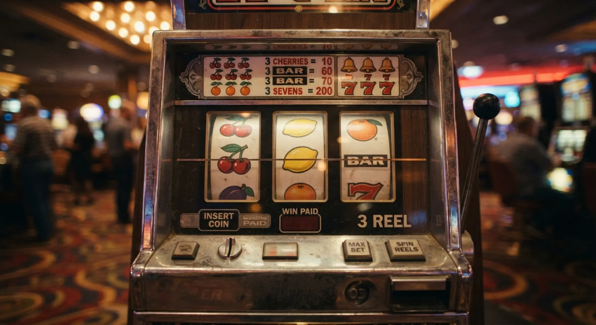Retro 3 tárcsás gyümölcsös nyerőgép Klasszikus 3 tárcsás gyümölcsös játékgép közelről
